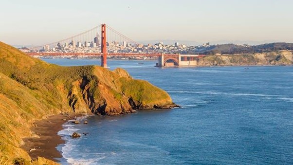 View of the Golden Gate Bridge with the San Francisco skyline in the background on a clear day